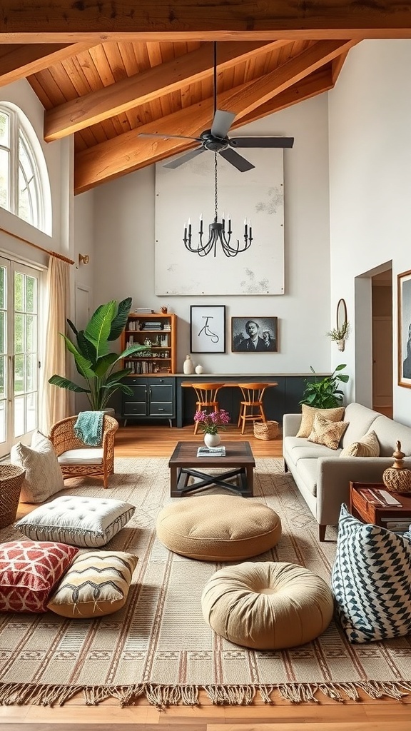 Cozy living room with comfortable floor seating, featuring cushions and poufs on a patterned rug.