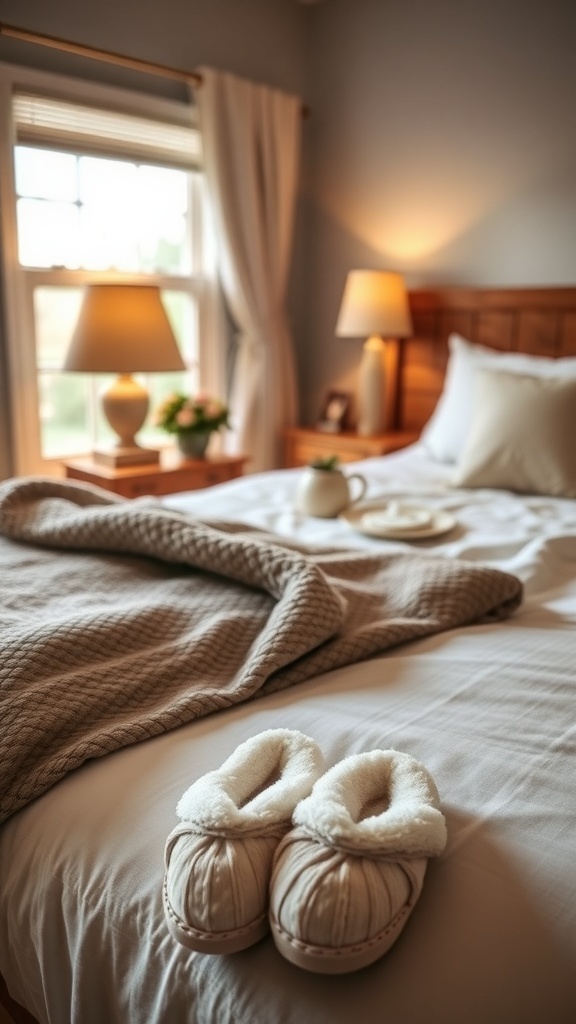 A cozy bedroom with plush slippers by the bed, soft bedding, and warm lighting.