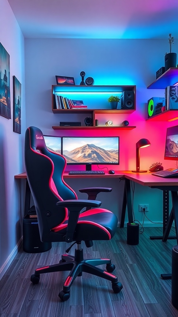 A stylish gaming chair in a well-decorated gaming room with colorful lighting.
