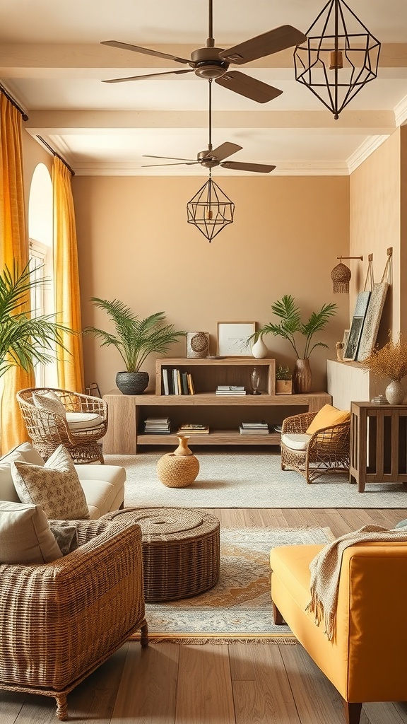 Gemütlicher Lounge-Bereich mit Rattanmöbeln, buttergelben Vorhängen und Pflanzen.