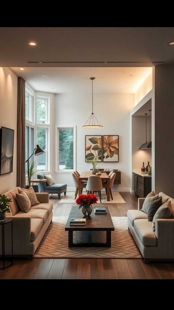 A cozy open concept living and dining room with neutral furniture, large windows, and a vibrant bouquet on the coffee table.