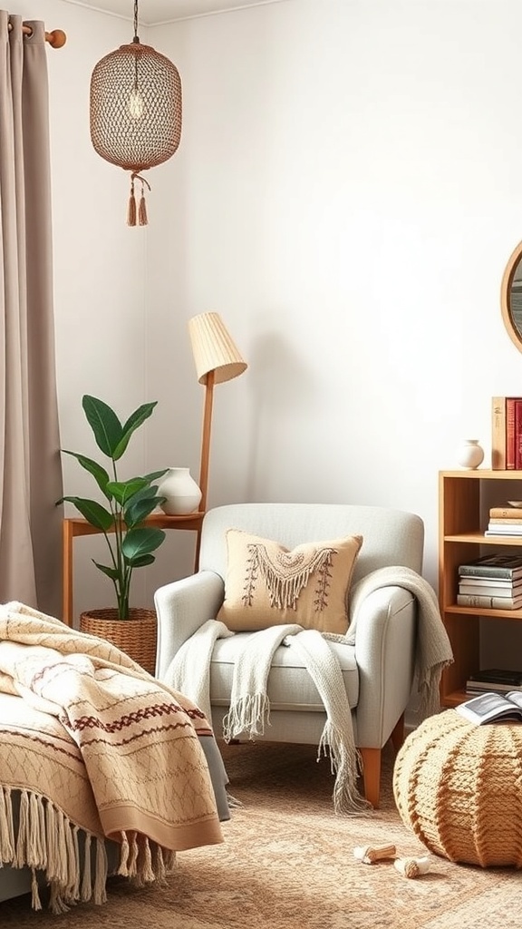 A cozy living room nook featuring a soft armchair, warm decor, and a potted plant.