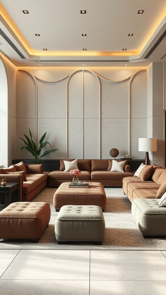 A cozy sunken lounge featuring various comfortable ottomans in warm tones, surrounded by soft lighting.