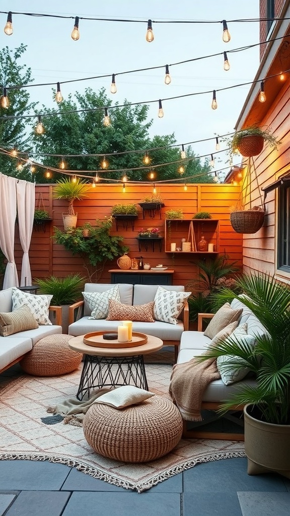 Cozy outdoor seating area with cushions, plants, and string lights.