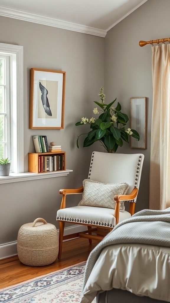 Cozy reading nook in a farmhouse bedroom with a comfortable chair, books, and natural light.