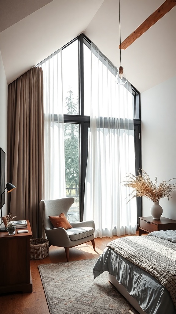 A cozy reading nook in a bedroom featuring a stylish armchair, large windows with light curtains, and a warm rug.