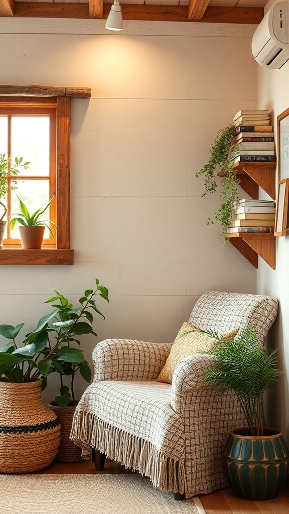 A cozy reading nook with a comfortable chair, plants, and bookshelves.