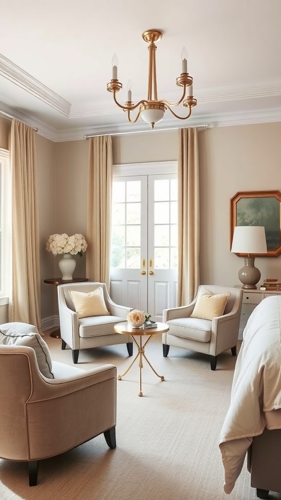 Cozy bedroom seating area with two armchairs and a small table
