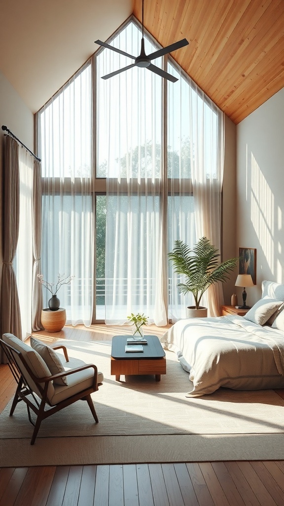A cozy Japandi bedroom featuring a comfortable seating area with a chair and a small table, large windows with sheer curtains, and a plant.
