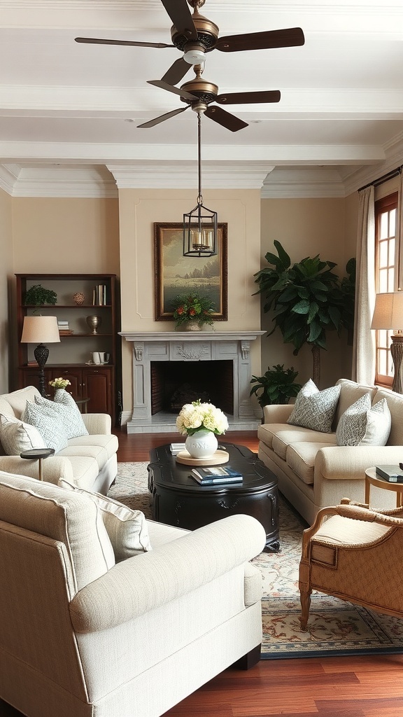 A cozy living room with comfortable seating arrangements, featuring neutral-toned furniture, a circular coffee table, and large windows.
