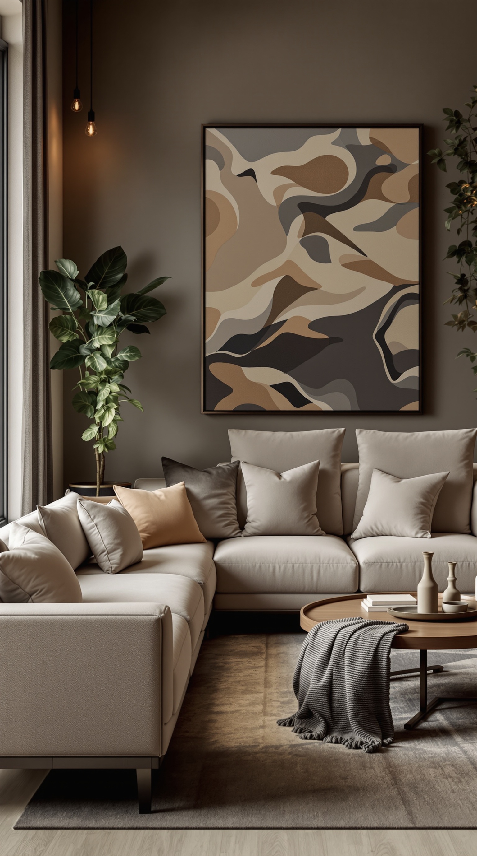 Ein elegantes Wohnzimmer mit bequemen Sofas, vielen Kissen und einem zentralen Couchtisch.