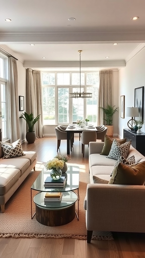 Cozy living room with two sofas, a coffee table, and a dining area in the background