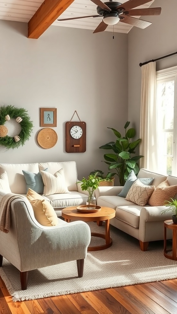 A cozy living room with soft seating, colorful pillows, and natural light.