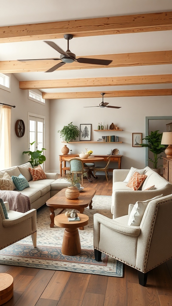 Cozy living room with comfortable seating, natural wood elements, and plants.