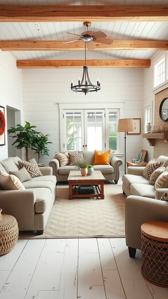 Cozy rustic farmhouse living room with comfortable seating and natural light