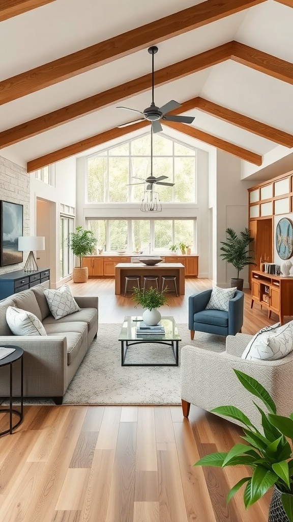 Open concept living and dining room with comfortable seating arrangements, featuring a gray sofa, blue accent chairs, and large windows.