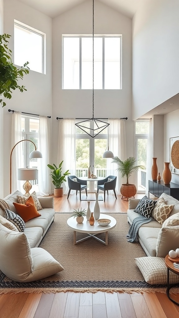 Cozy boho and eclectic living room with plush sofas, colorful cushions, and natural light.