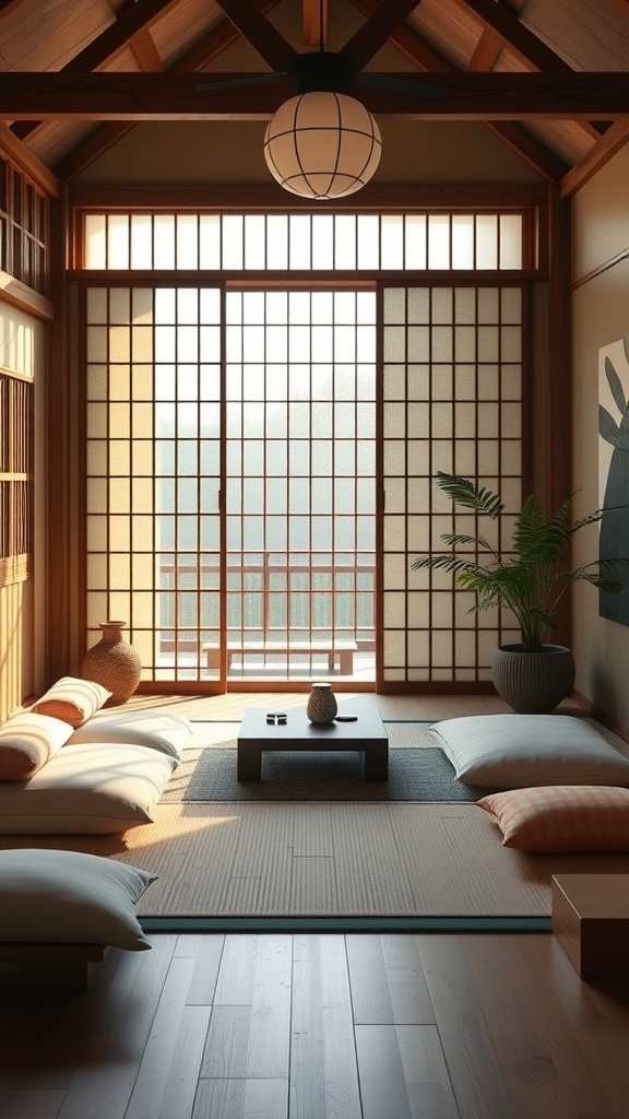 A minimalist Japandi interior with low cushions and a wooden table, featuring natural light and a serene atmosphere.
