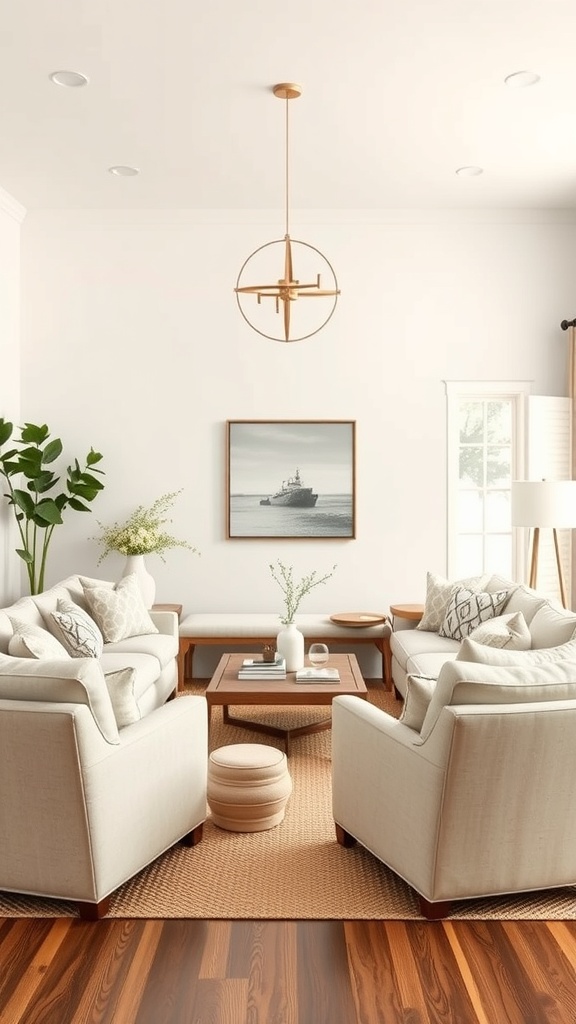 A cozy living room featuring two armchairs, a coffee table, and a warm rug.