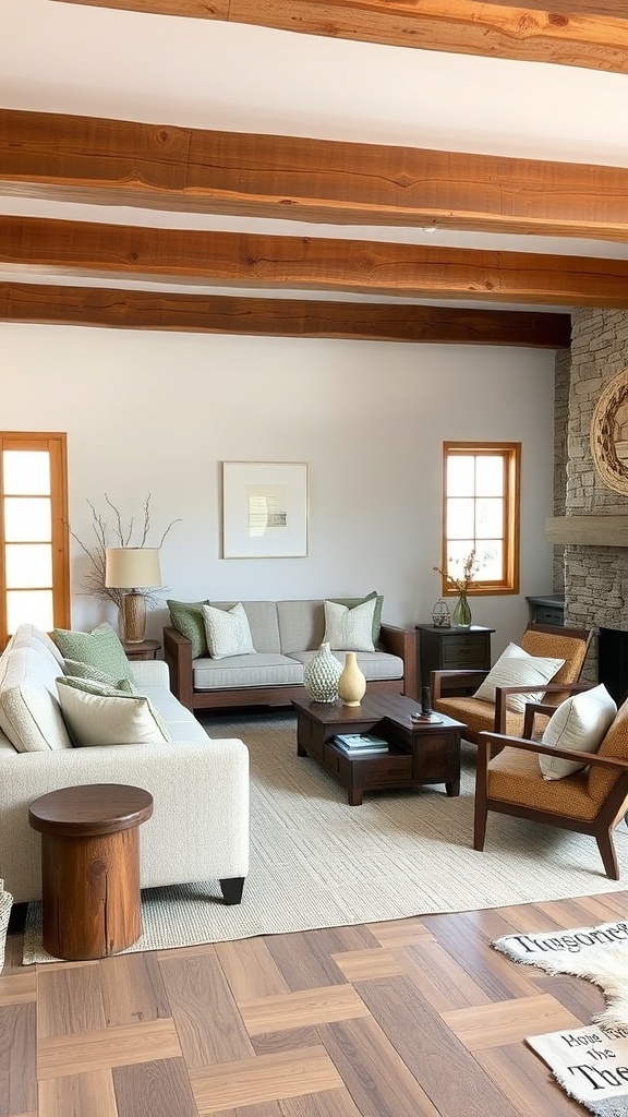 A minimalist rustic living room featuring a light-colored sofa, wooden furniture, and soft cushions.