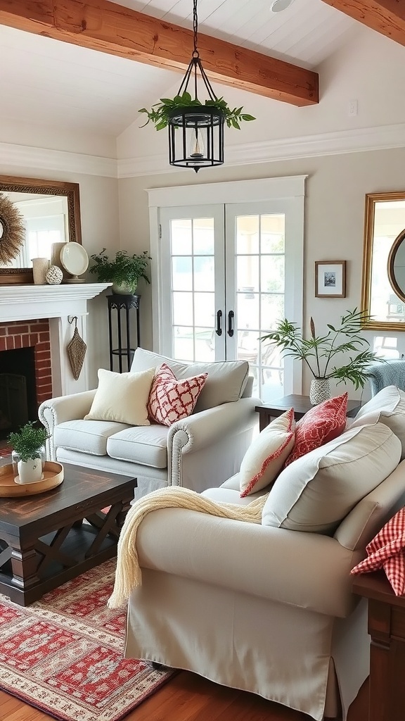 Cozy farmhouse living room with comfortable seating and colorful throw pillows