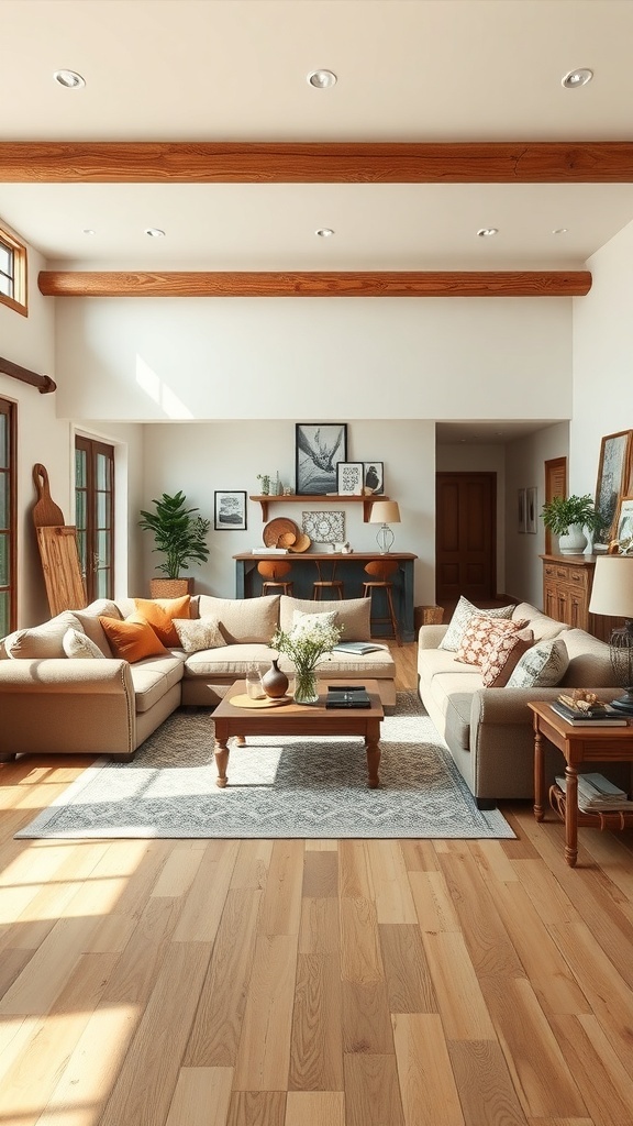 A cozy rustic farmhouse living room featuring a comfortable sectional sofa, wooden accents, and warm lighting.