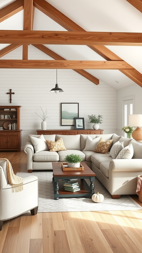A cozy farmhouse living room featuring a comfortable sectional sofa with decorative pillows and a wooden coffee table.