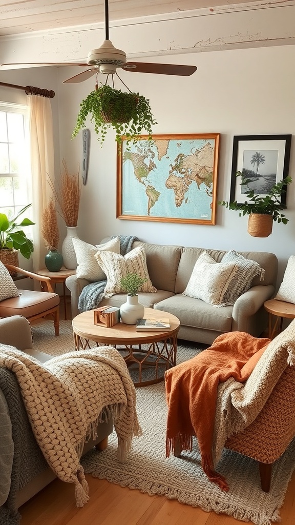 Cozy living room with throw blankets and pillows on the sofa.