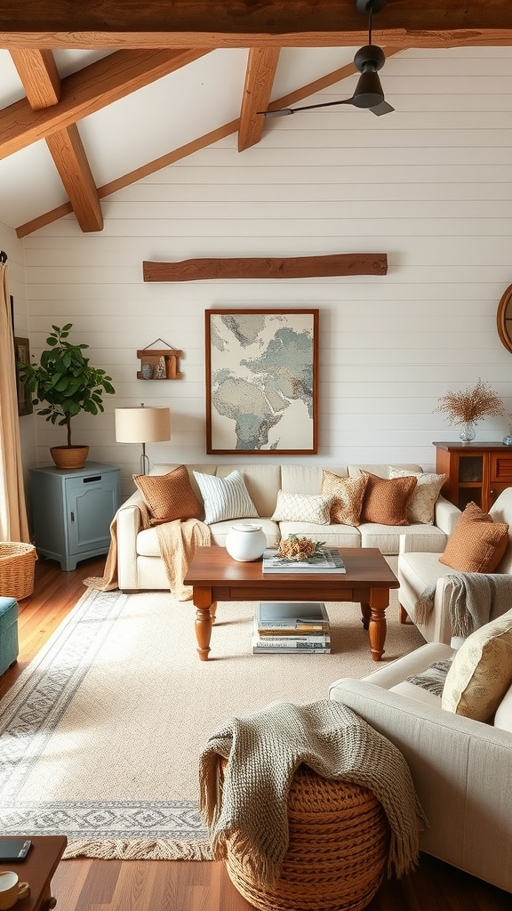 Cozy farmhouse living room with warm color accents and comfortable furniture.