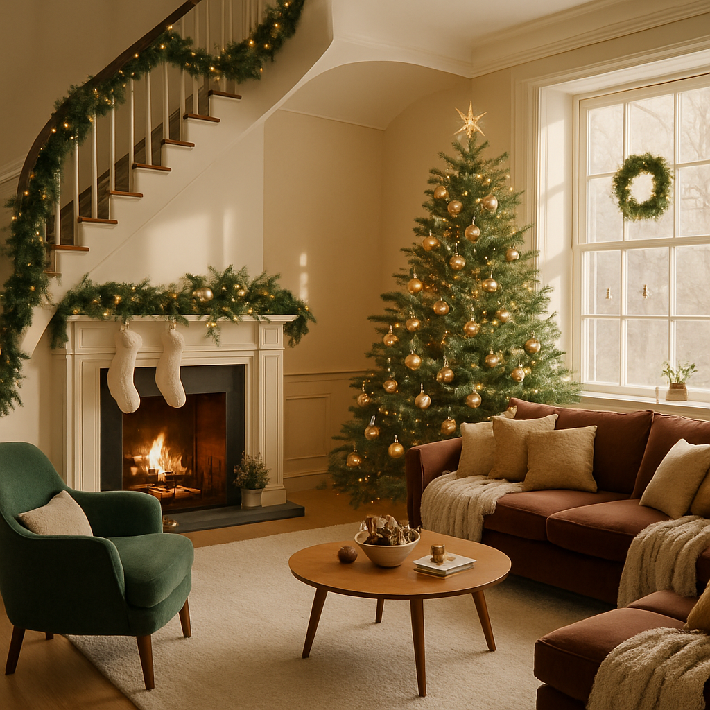 Gemütliches Wohnzimmer mit Kamin, Weihnachtsbaum und festlicher Dekoration