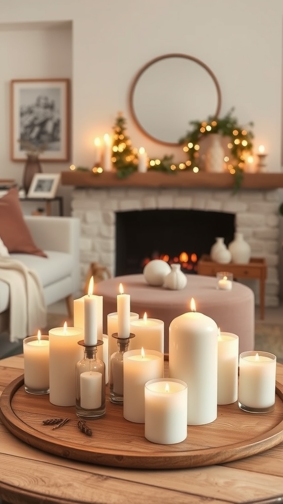 A cozy living room with various scented candles on a wooden tray, creating a warm atmosphere.