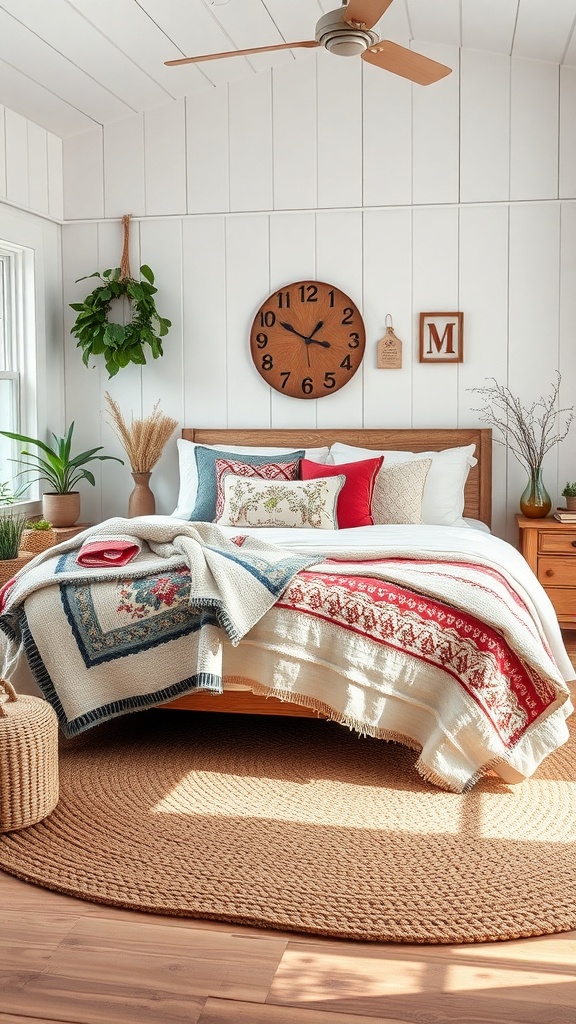 A cozy bedroom with layered textiles, featuring a bed with patterned throws, solid pillows, and a woven area rug.