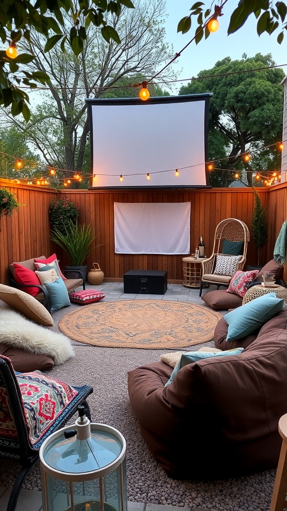 Cozy outdoor cinema setup with plush seating around a fire pit and string lights.