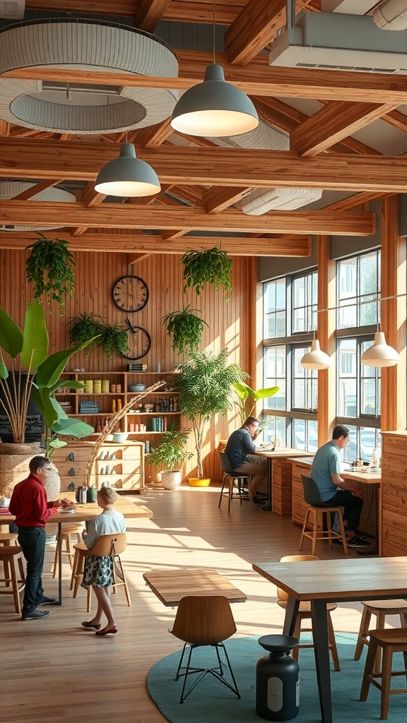 A cozy community space with wooden interiors, plants, and people engaging in various activities.