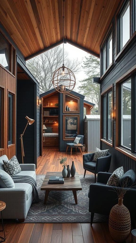 Innenansicht eines modernen Tiny Houses mit Holzverkleidung und großen Fenstern