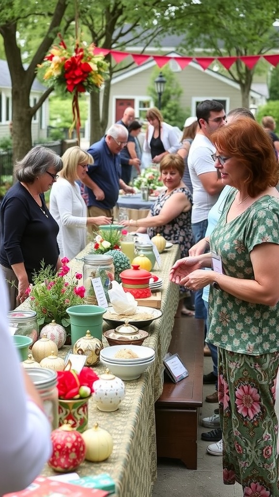 A lively community swap event featuring people exchanging home decor items in a bright space.