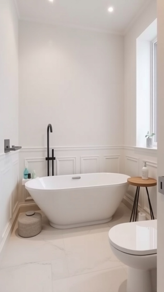 A modern, sleek bathtub in a small bathroom with minimalist design.