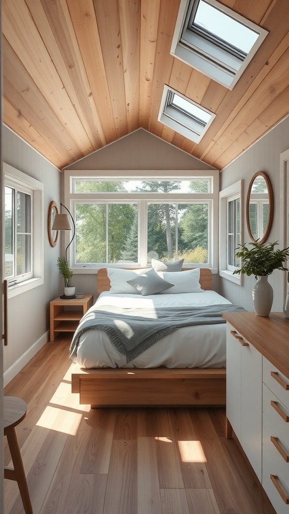 Kompaktes Schlafzimmer mit Holzdecke, großen Fenstern und modernem Design