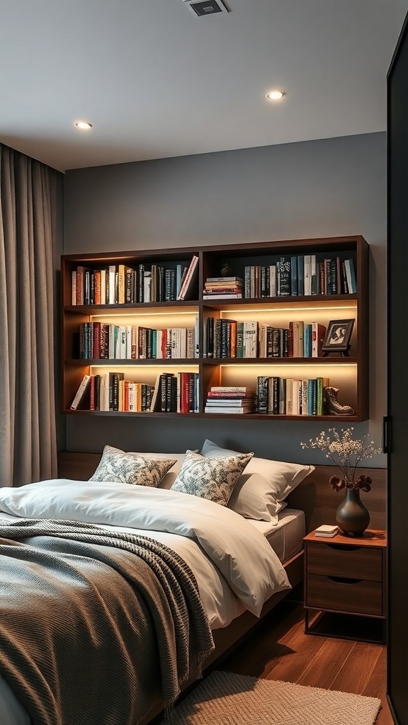 A cozy bedroom featuring a compact wall-mounted bookshelf with integrated lighting, neatly displaying books.