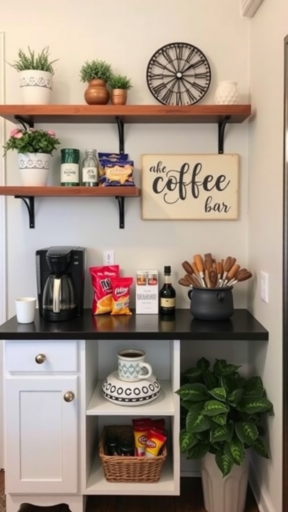 A compact coffee and snack station with a coffee maker, snacks, decorative items, and potted plants.
