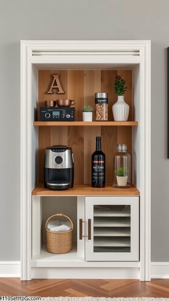 Compact coffee bar with dark cabinetry, open shelves, and decorative plants