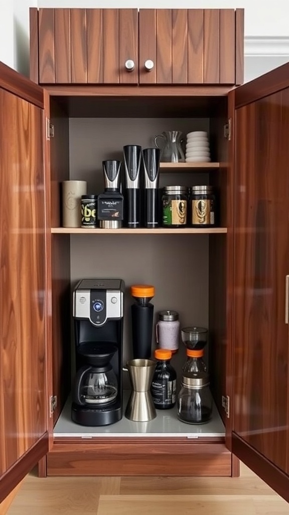 A stylish cabinet with coffee-making essentials, including a coffee maker and various coffee containers.