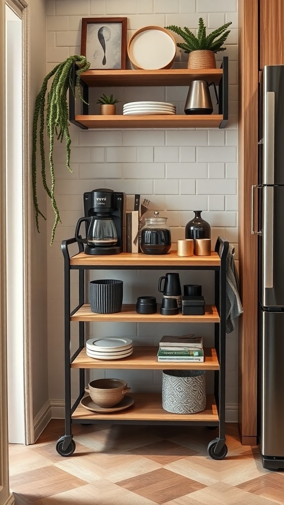 A compact coffee cart with storage, featuring a coffee maker, mugs, and decorative items, set against a stylish kitchen backdrop.