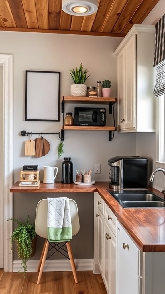 A compact coffee station in a kitchenette with wooden countertop, coffee maker, and plants on shelves.