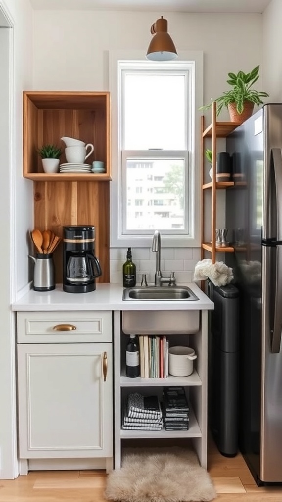 Compact coffee station with a sink, featuring coffee maker, wooden shelves, and a cozy design.