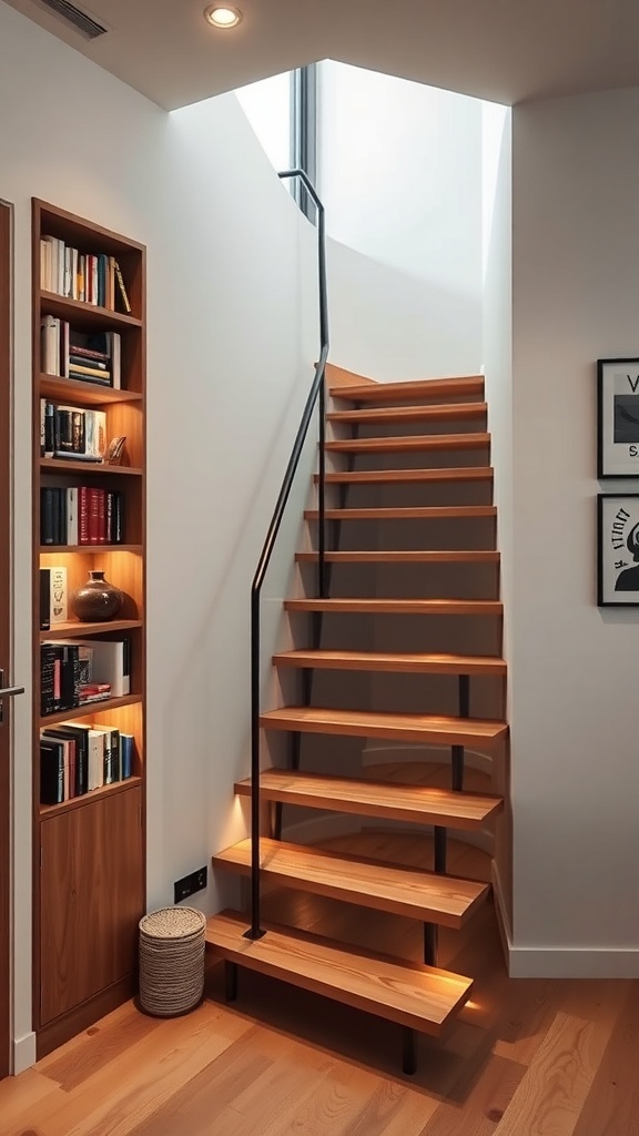 A compact corner bookshelf staircase with wooden steps and integrated bookshelves, illuminated by warm lighting.
