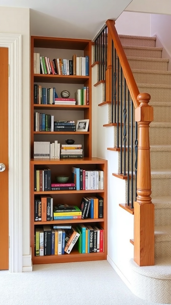 A compact corner bookshelf fitted next to a staircase, showcasing neatly arranged books and decorative items.