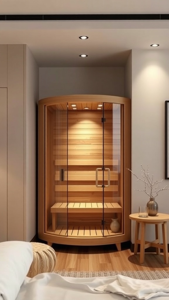 A compact corner sauna design in a modern bedroom setting