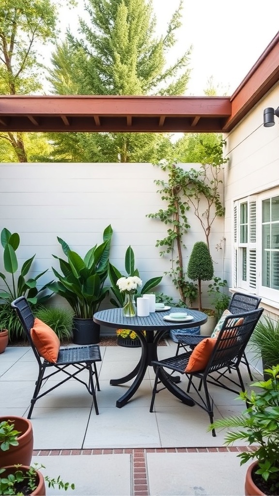 A compact dining set featuring a round table and black wicker chairs with orange cushions, surrounded by plants in a minimalist patio setting.