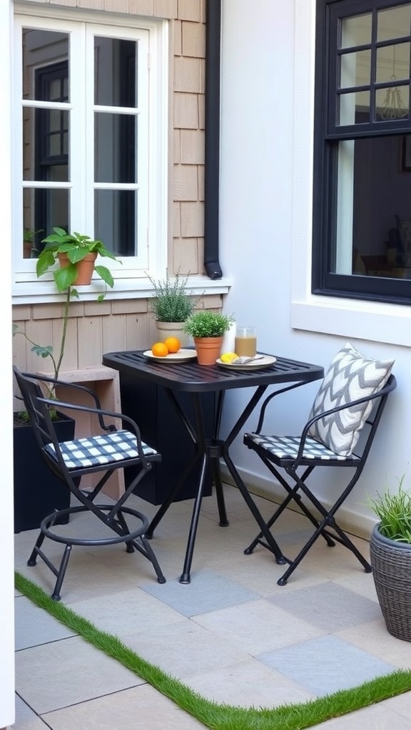 Compact dining table setup with four chairs and potted plants in a small backyard patio.